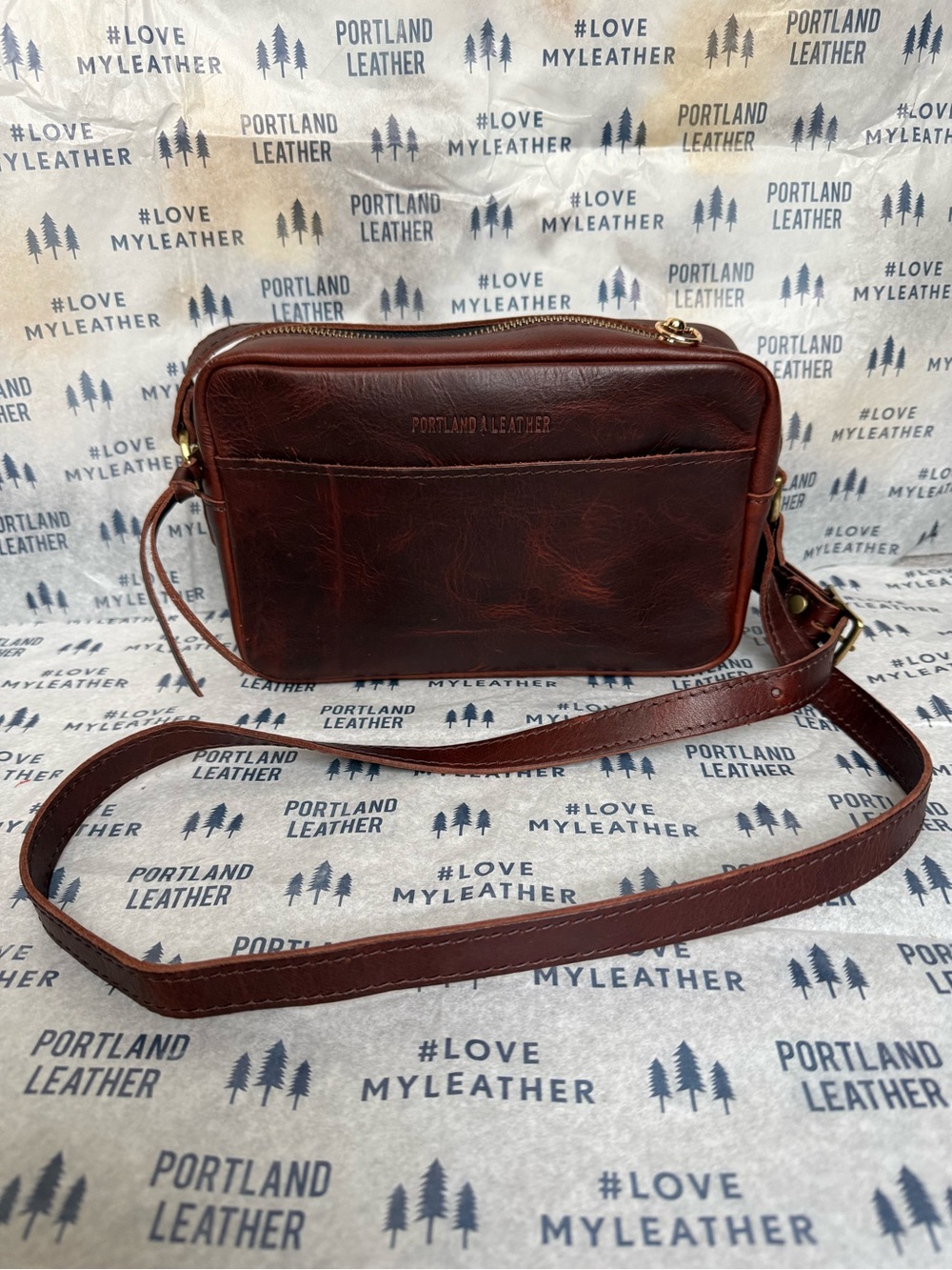 Portland Leather LAVA Large Camera Crossbody Bag Brown Red Modified